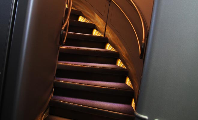 The A380 also has a top deck that takes passengers. This explains the unusual presence of a staircase in the plane.