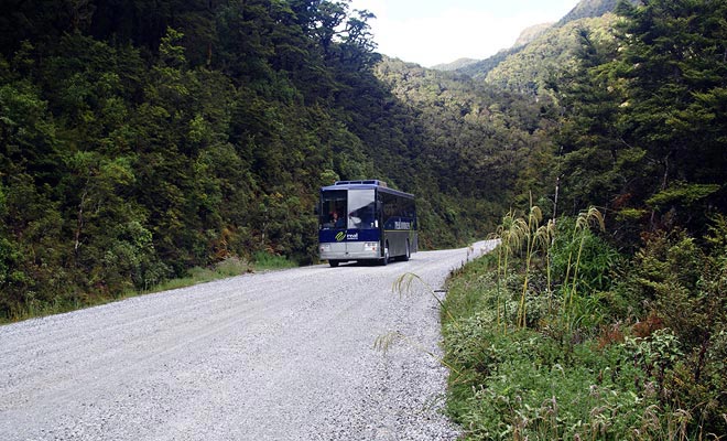 After crossing Lake Manapouri, you have to take a bus to Wilmot Pass.
