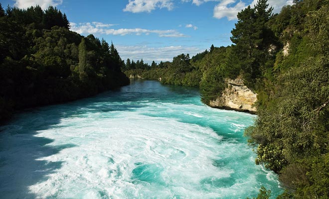 The river widens after the fall and the current decreases gradually.