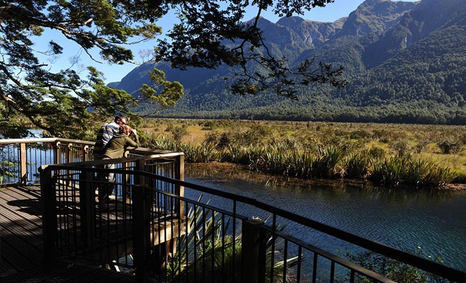Mirror lakes are located on the route to Milford Sound. When the wind does not blow (it is the case alas, in this picture), one can observe the reflection of the mountains on the surface of the water.