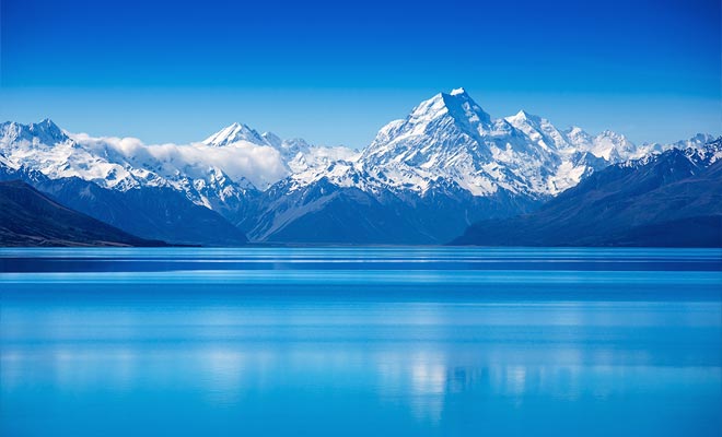 Pukaki Lake is considered to be the most beautiful lake in New Zealand. Its success is dued to the presence of mountains reflected on the surface.
